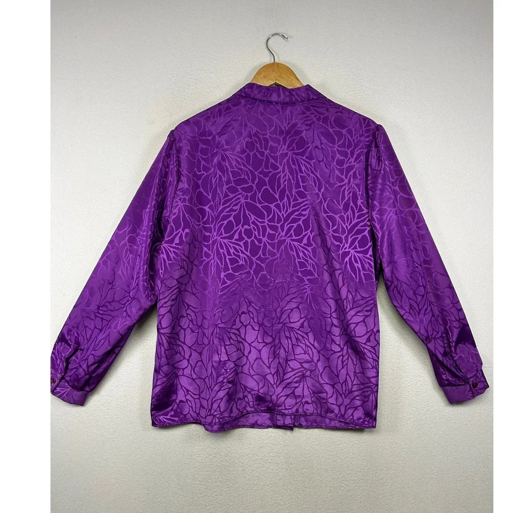 Vintage 80s Rhapsody Women 42 Purple Jacquard Floral Silky Button Up‎ Blouse Top
